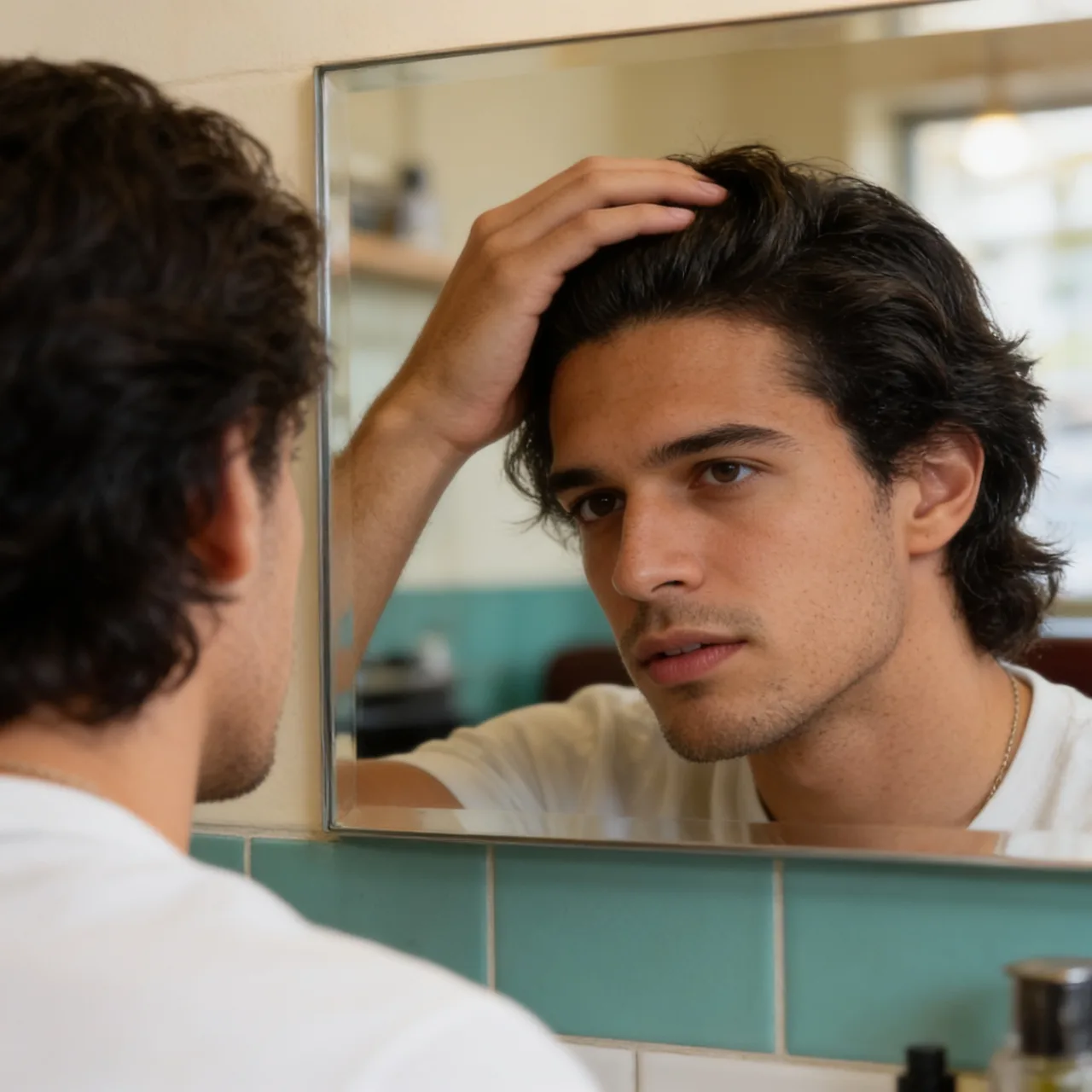 Homem ajustando o cabelo modelado diante do espelho