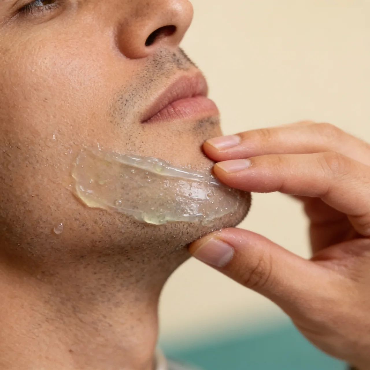 Gel de barbear transparente sendo aplicado no rosto